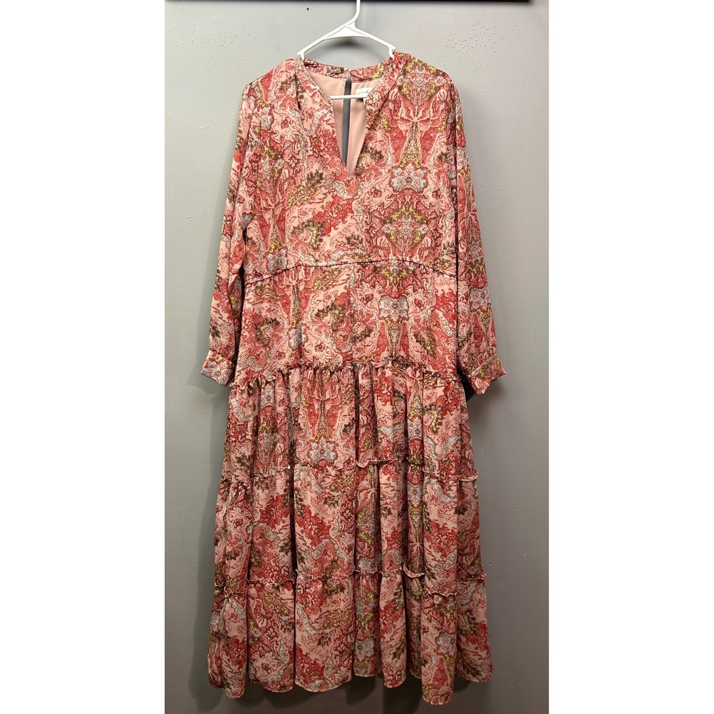 Wonderly Dress Womens 1X Pink Paisley Tiered Maxi Long Sleeve Split Neck